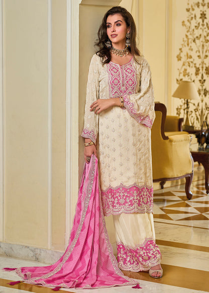 Off-White & Pink Zari Embroidered Palazzo Suit