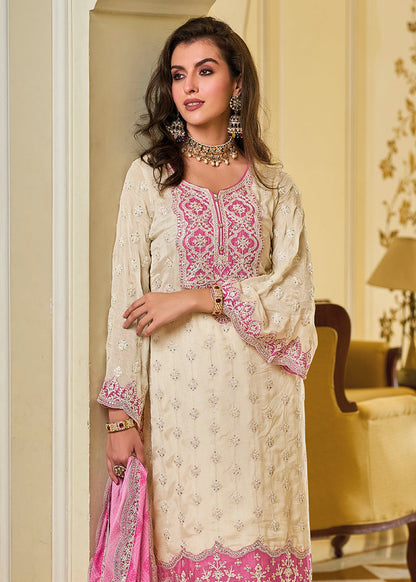 Off-White & Pink Zari Embroidered Palazzo Suit