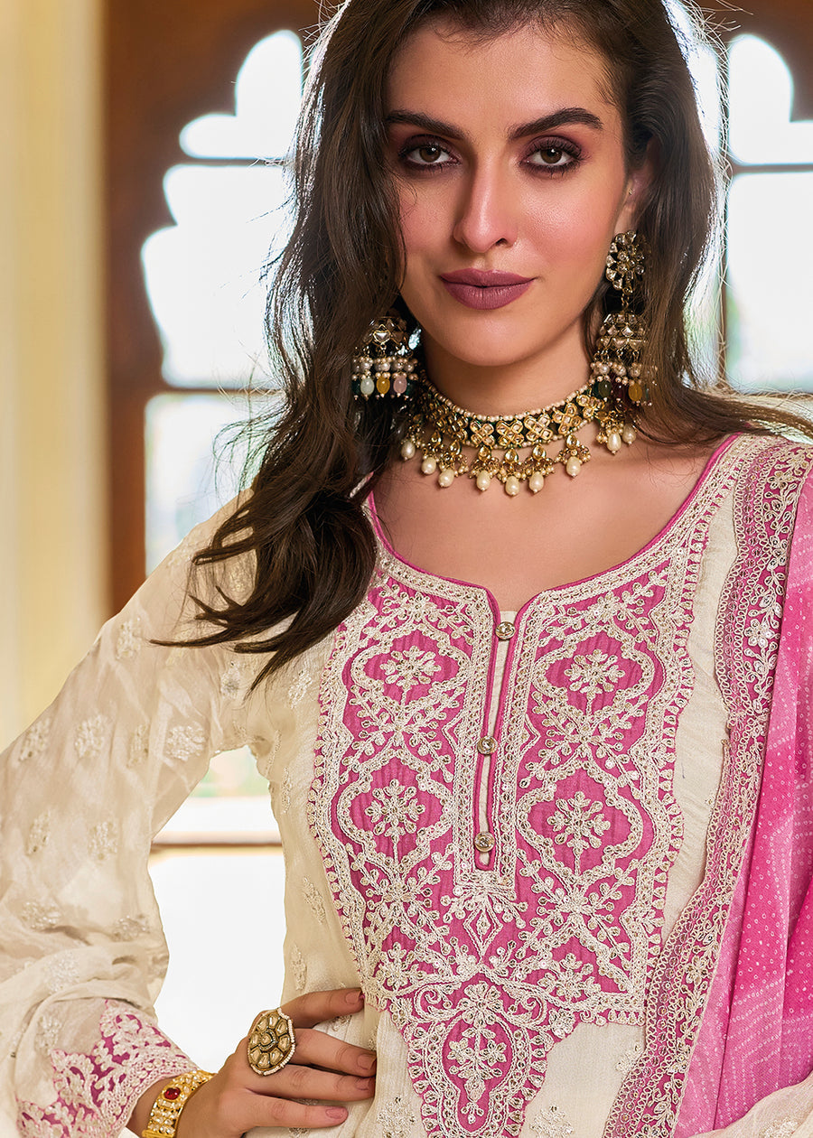 Off-White & Pink Zari Embroidered Palazzo Suit