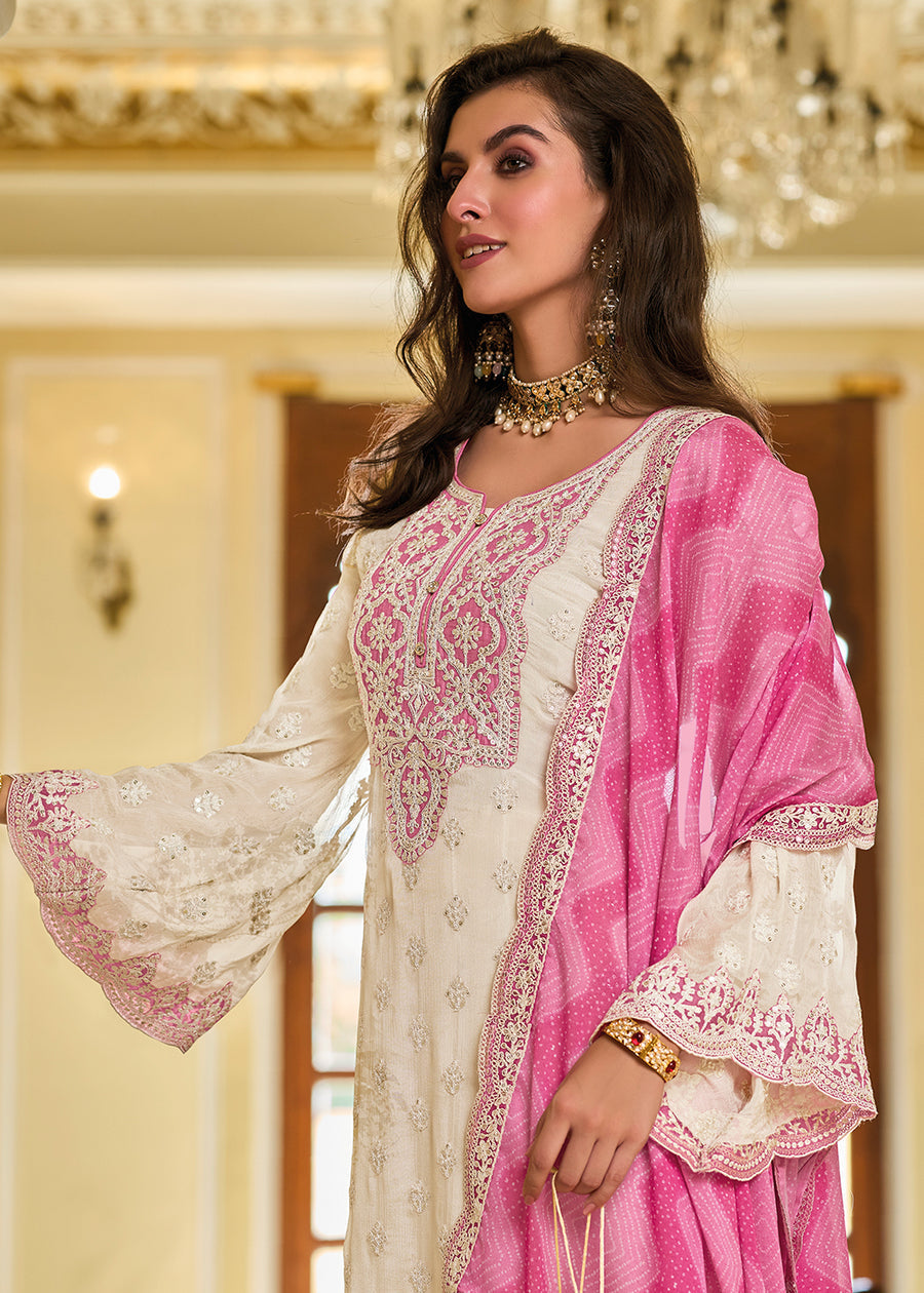 Off-White & Pink Zari Embroidered Palazzo Suit