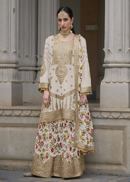 Off White Silk Blend Zari Embroidered Kurta With Printed Sharara