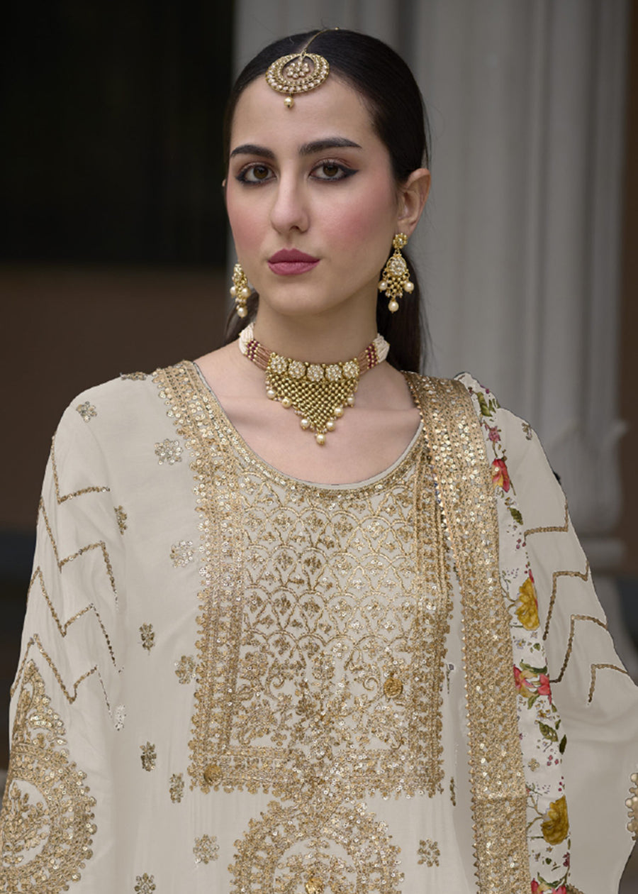 Off White Silk Blend Zari Embroidered Kurta With Printed Sharara