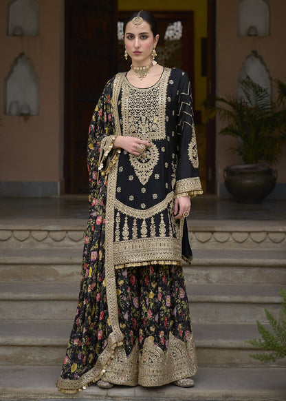 Black Silk Blend Zari Embroidered Kurta With Printed Sharara