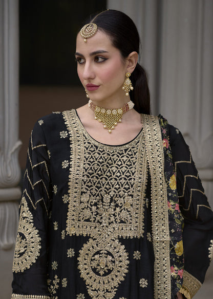 Black Silk Blend Zari Embroidered Kurta With Printed Sharara