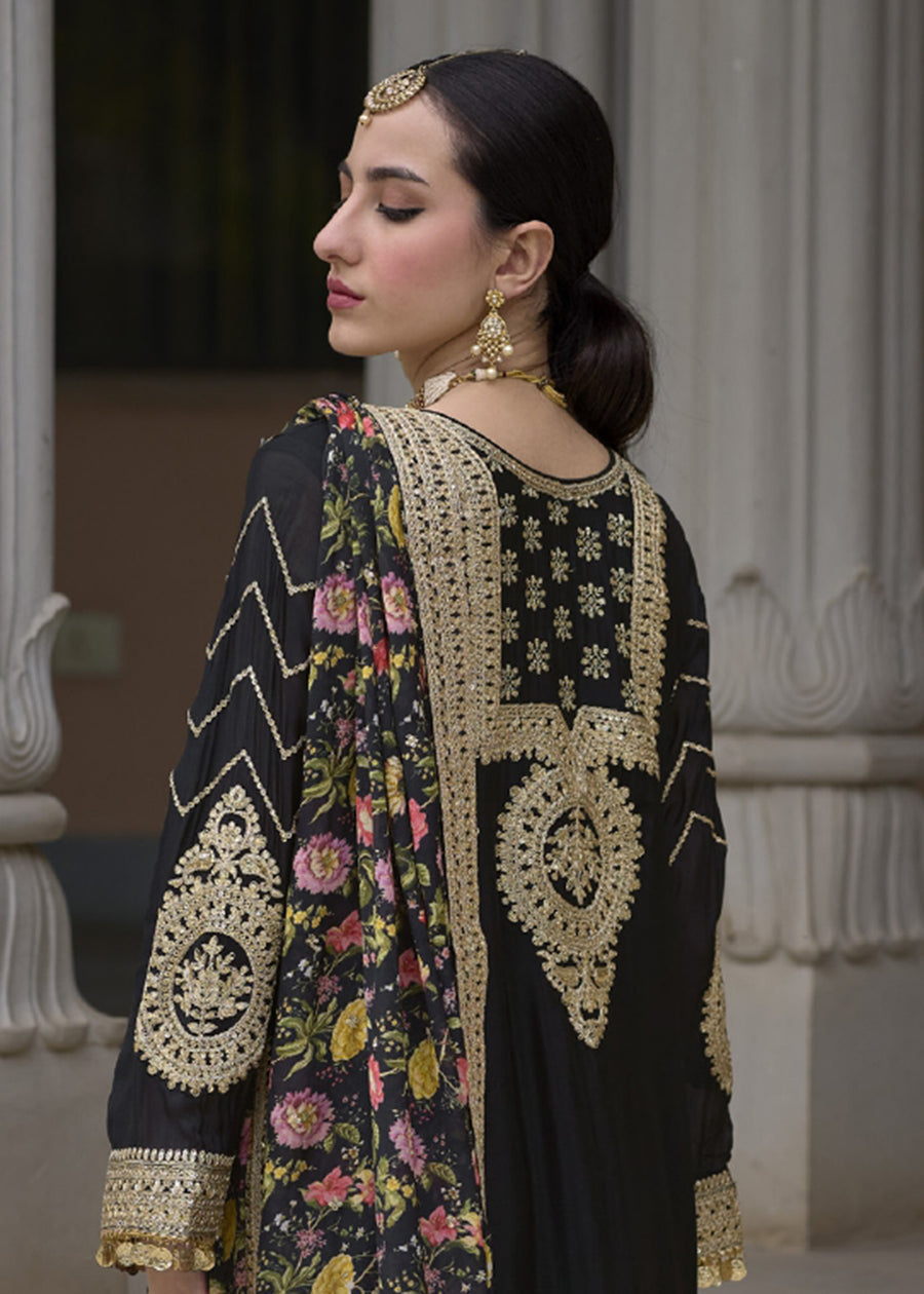 Black Silk Blend Zari Embroidered Kurta With Printed Sharara