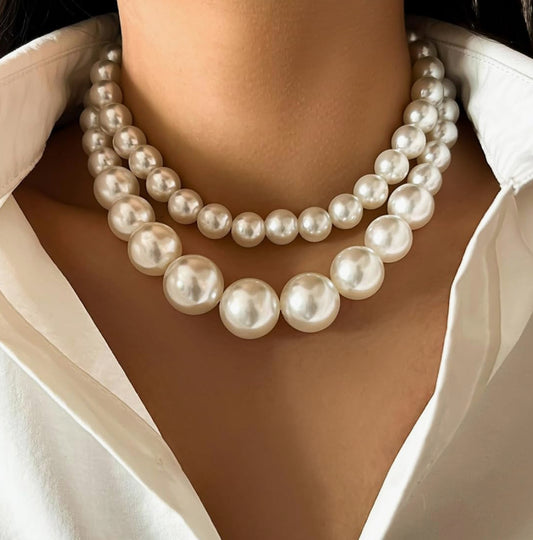 Luxury Bold Pearl Beads Statement Double Layered Necklace
