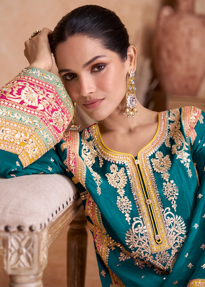 Teal Palazzo Suit with Zari Embroidery Work