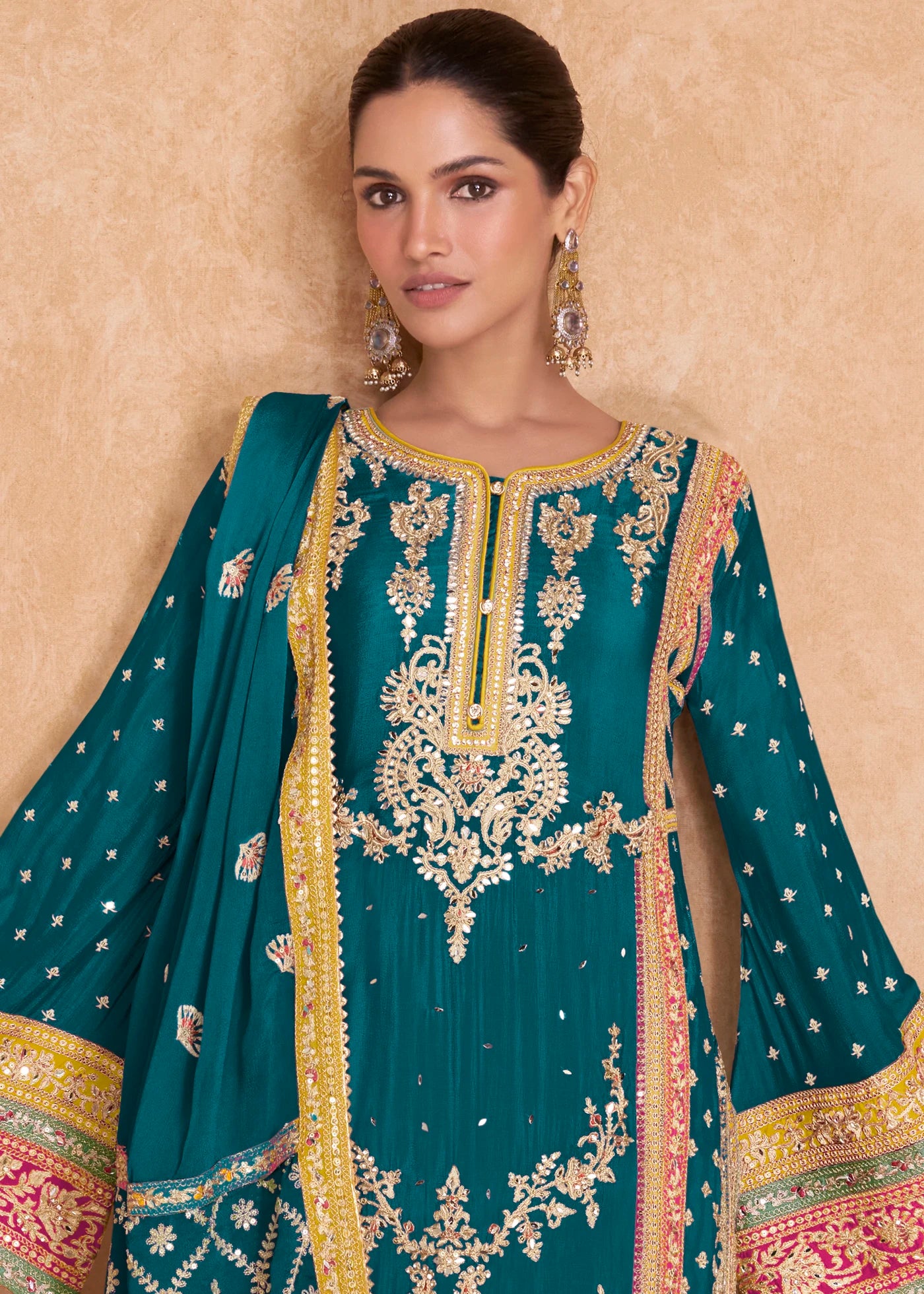 Teal Palazzo Suit with Zari Embroidery Work