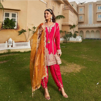 Partywear Hot Pink Silk Blend Zari Embroidered Peplum Dhoti Suit