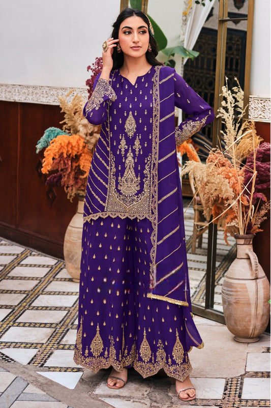 Deep Purple Zari Embroidered Sharara Suit