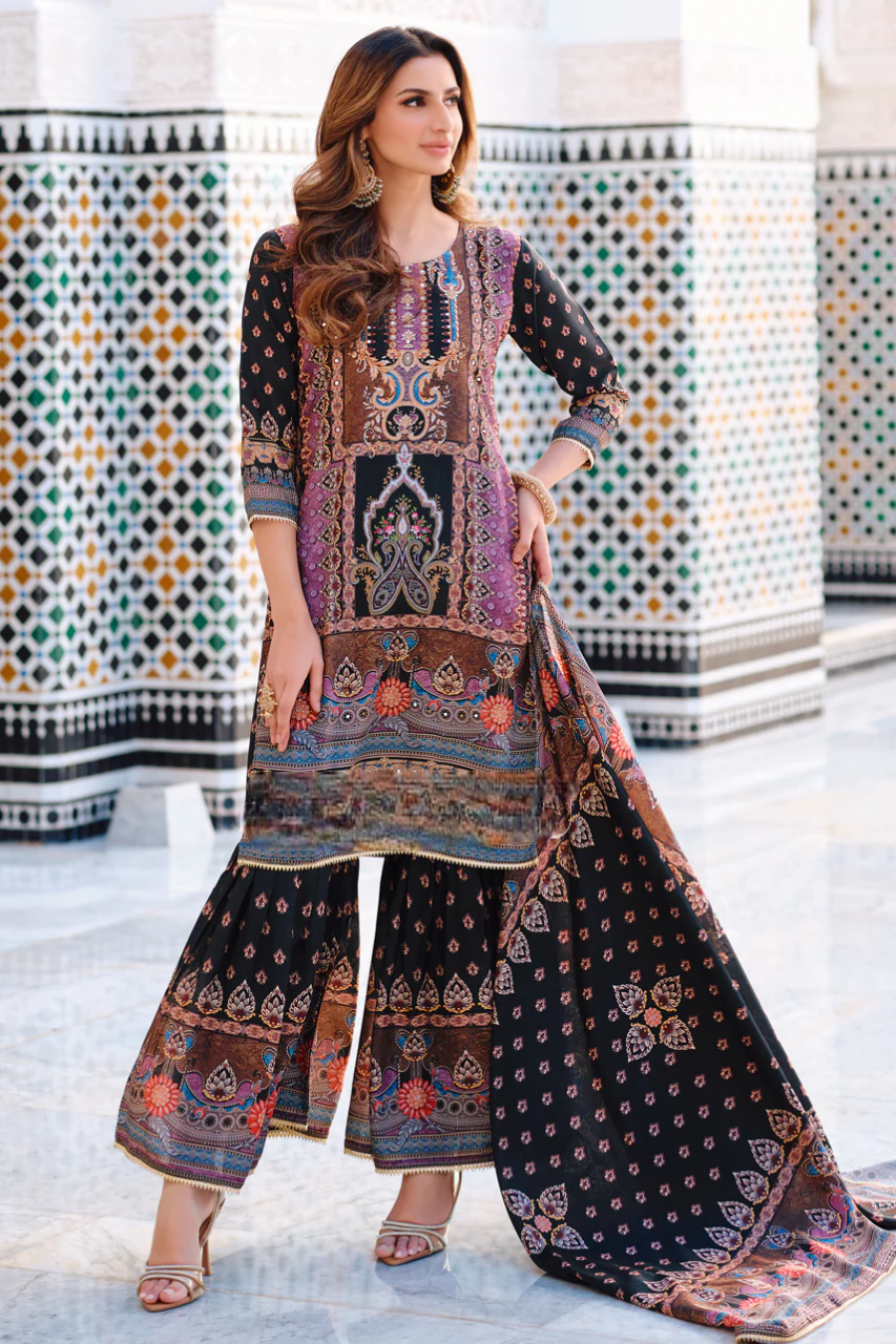 Pure Printed Crepe Black Sharara Suit with mirror work & Accessory Work