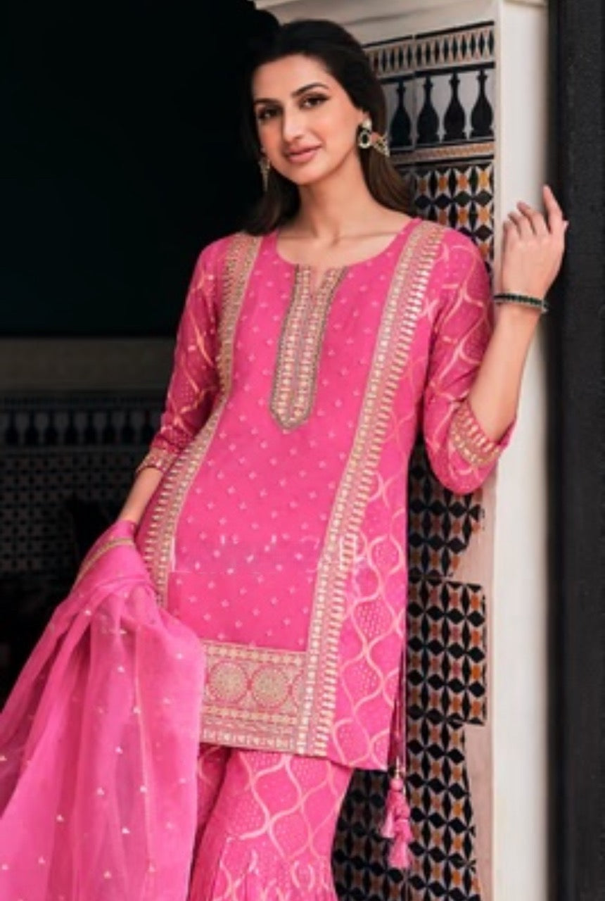 Pink Viscose Georgette Sharara Suit With Leather Work & Zari Embroidery