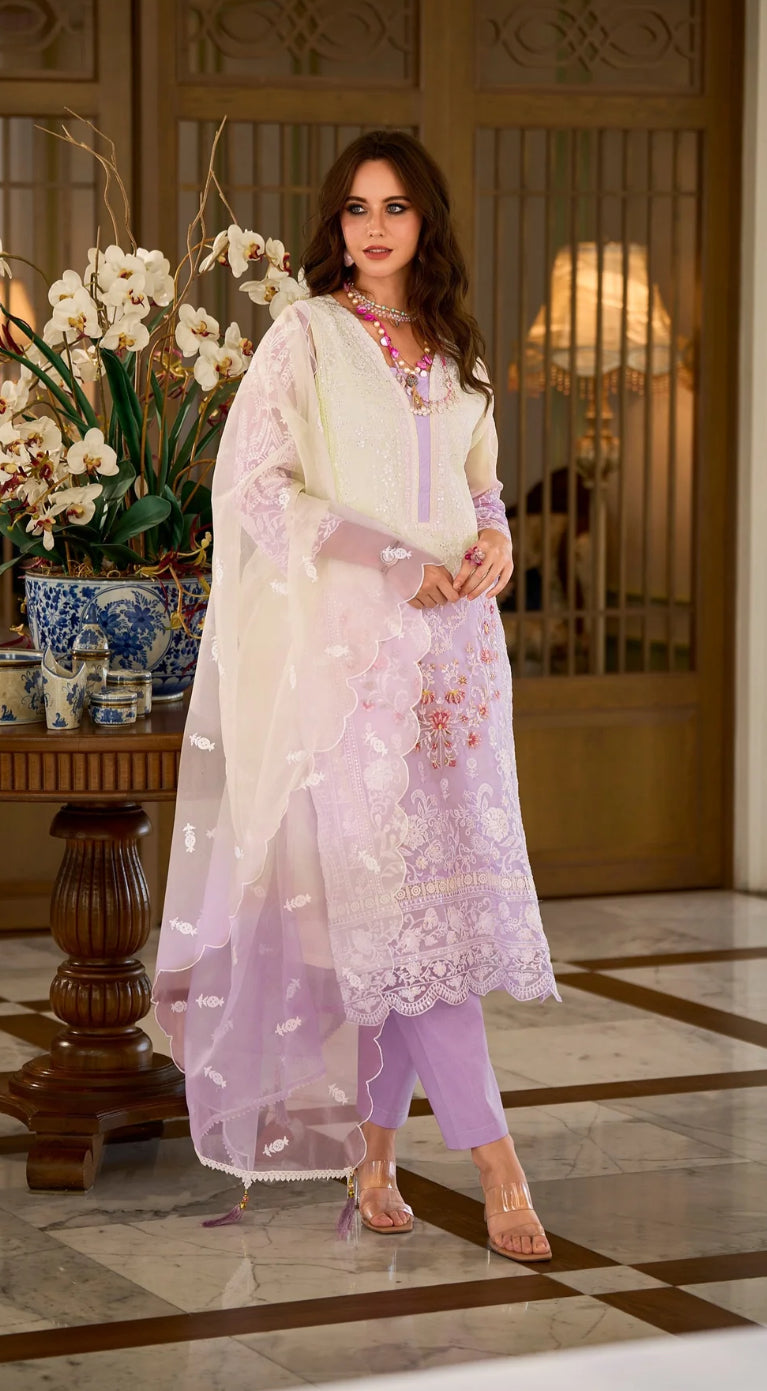 Lavender Ombre Organza Embroidered Pakistani Suit