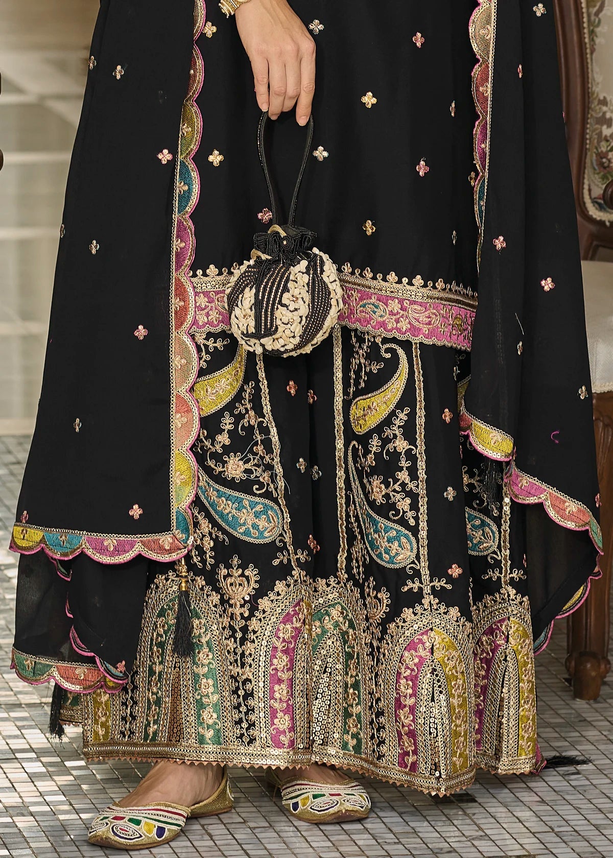 Black Heavy Zari Embroidered Kurta & Sharara Suit