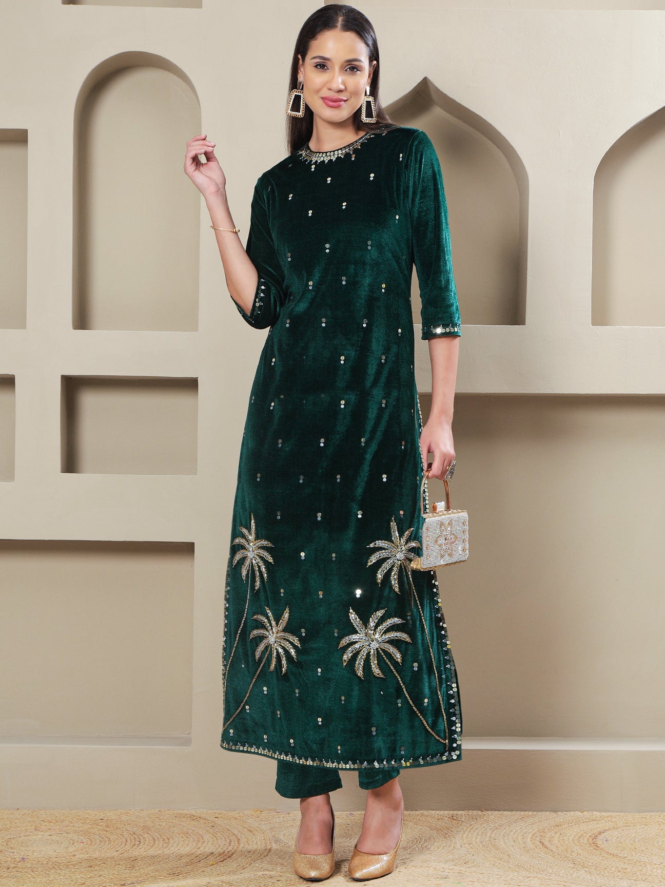 Designer Emerald Velvet Straight Suit with Hand Embellished Palm Motif Embroidery
