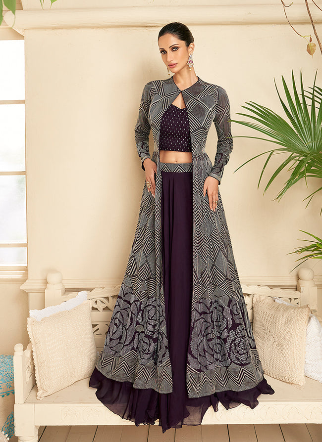 Wine Sequins & Zari Embroidered Indo-western Lehenga Choli With Jacket