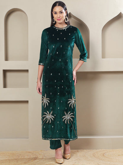Designer Emerald Velvet Straight Suit with Hand Embellished Palm Motif Embroidery