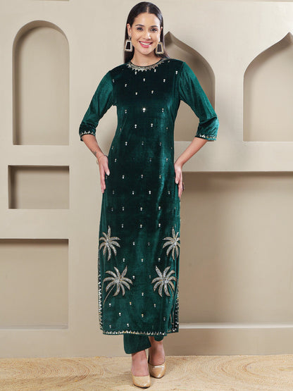Designer Emerald Velvet Straight Suit with Hand Embellished Palm Motif Embroidery