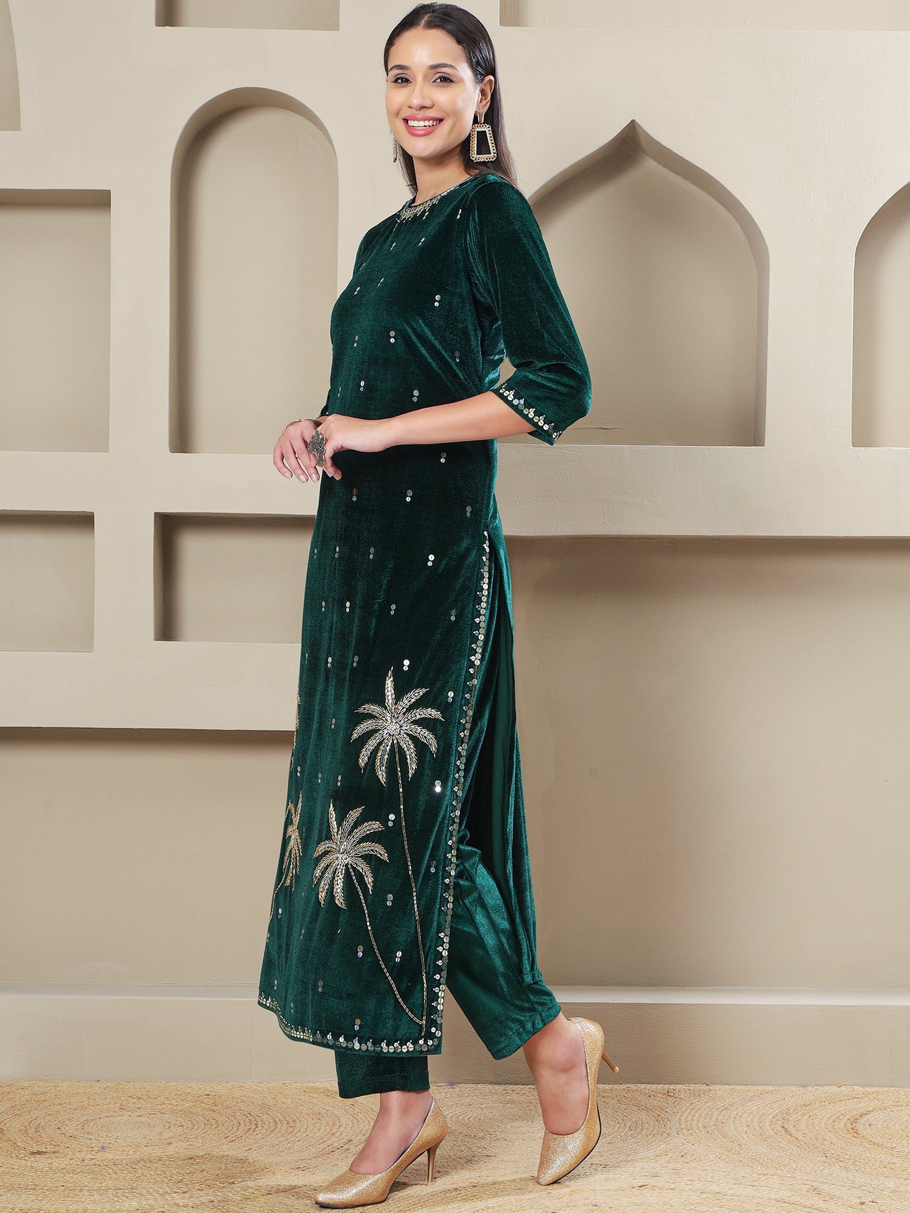 Designer Emerald Velvet Straight Suit with Hand Embellished Palm Motif Embroidery