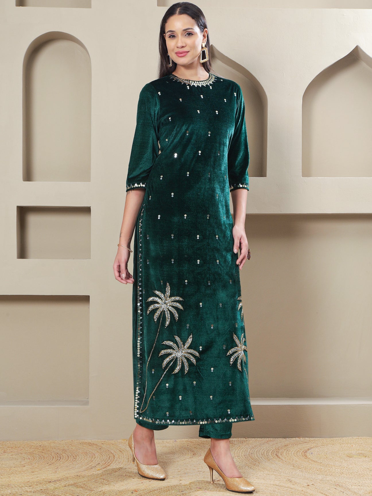Designer Emerald Velvet Straight Suit with Hand Embellished Palm Motif Embroidery