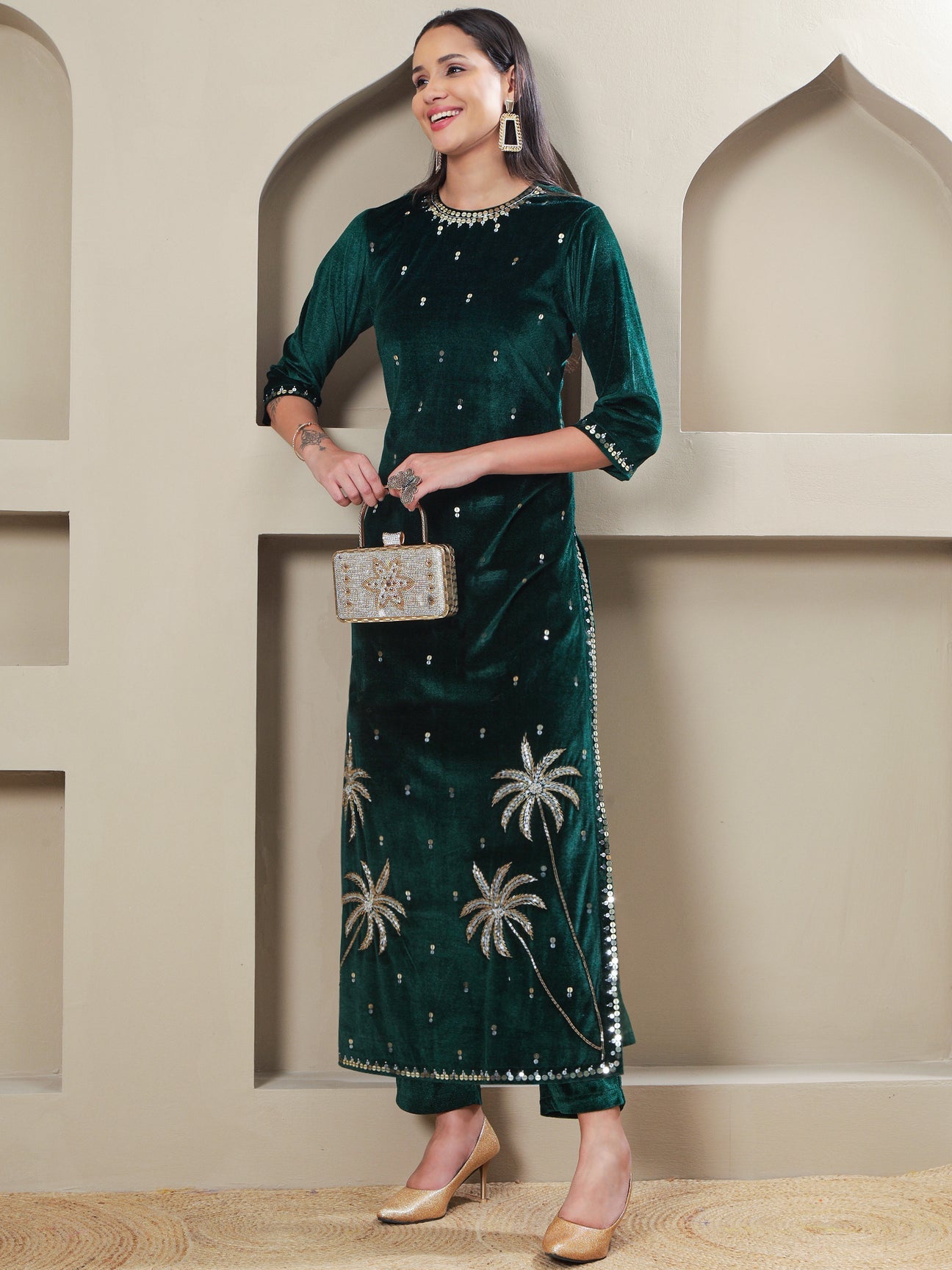Designer Emerald Velvet Straight Suit with Hand Embellished Palm Motif Embroidery