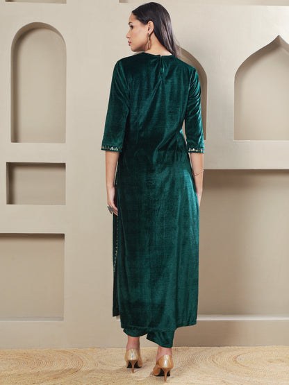 Designer Emerald Velvet Straight Suit with Hand Embellished Palm Motif Embroidery