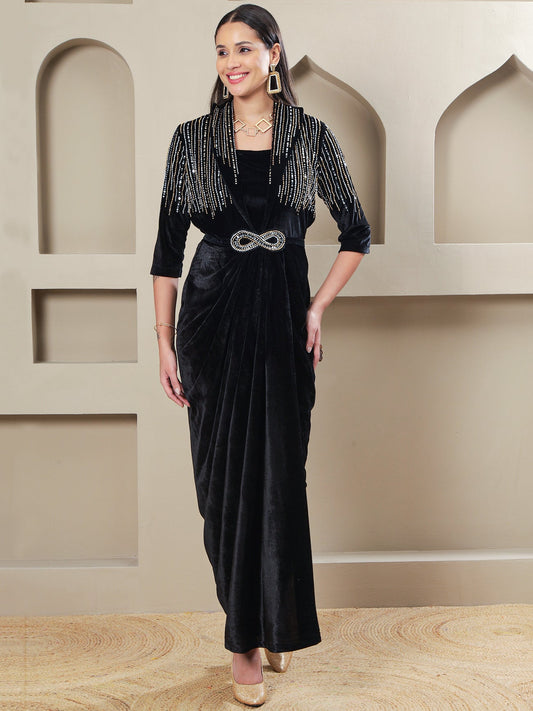 Designer Partywear black Velvet Hand-Embellished 3-Piece Gown Set with Inner & Belt