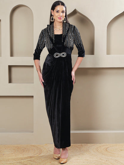 Designer Partywear black Velvet Hand-Embellished 3-Piece Gown Set with Inner & Belt