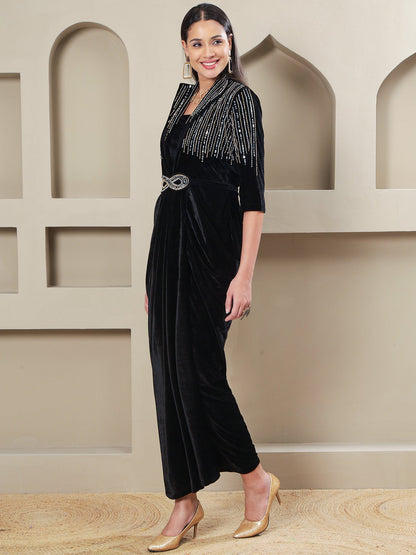 Designer Partywear black Velvet Hand-Embellished 3-Piece Gown Set with Inner & Belt