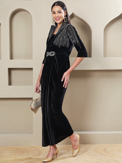 Designer Partywear black Velvet Hand-Embellished 3-Piece Gown Set with Inner & Belt