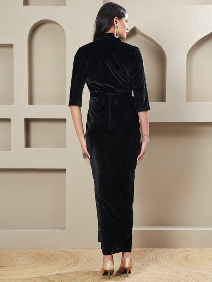 Designer Partywear black Velvet Hand-Embellished 3-Piece Gown Set with Inner & Belt