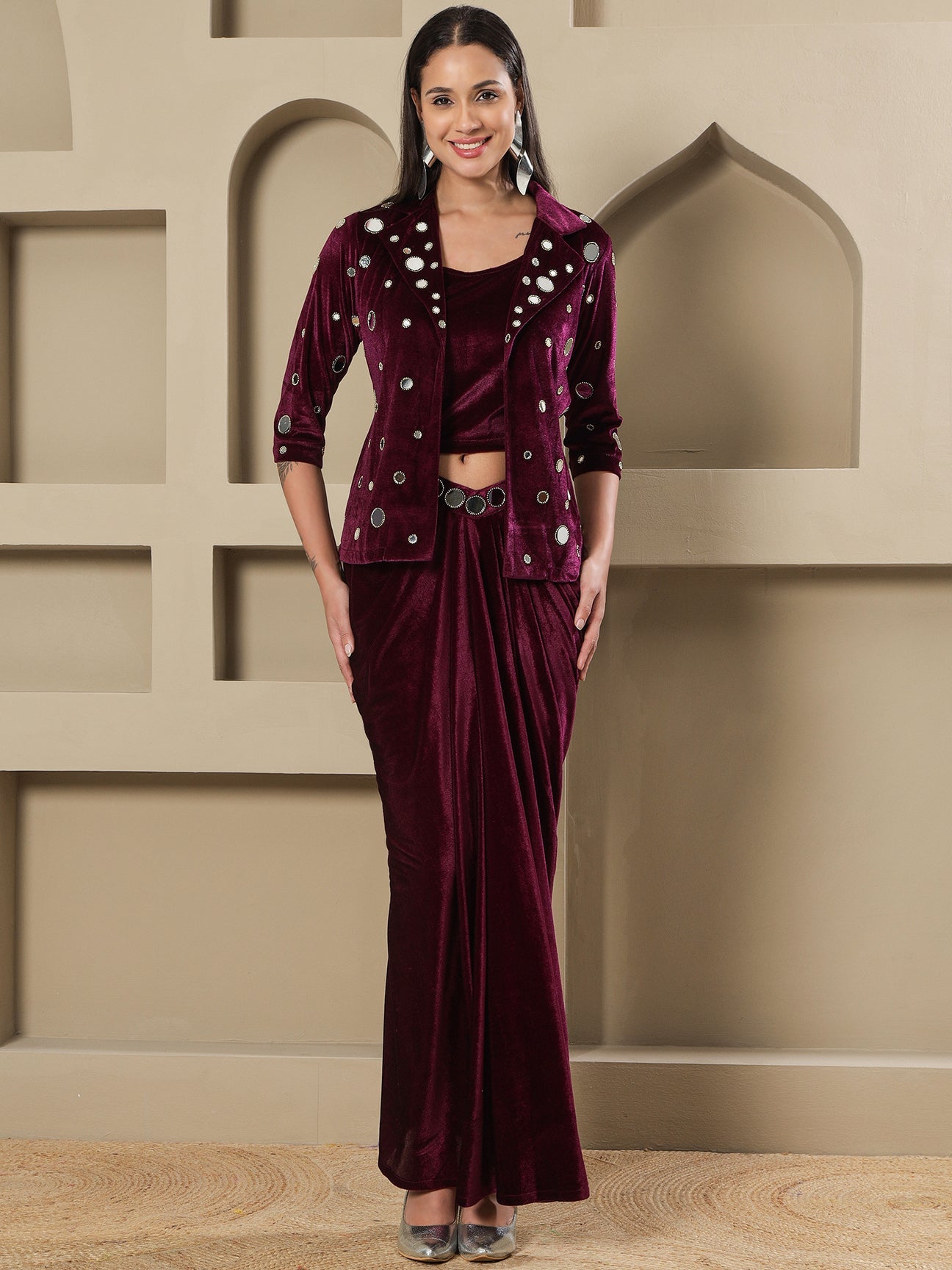 Designer Partywear Wine Velvet 3-Piece Set with Mirror Work Jacket and Drape Skirt