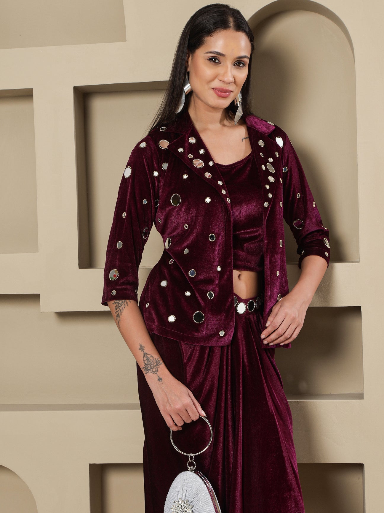 Designer Partywear Wine Velvet 3-Piece Set with Mirror Work Jacket and Drape Skirt