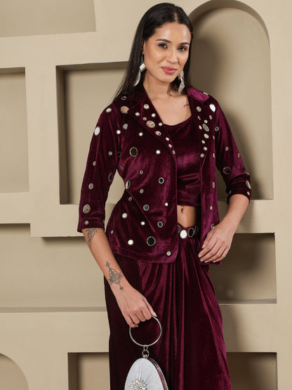 Designer Partywear Wine Velvet 3-Piece Set with Mirror Work Jacket and Drape Skirt