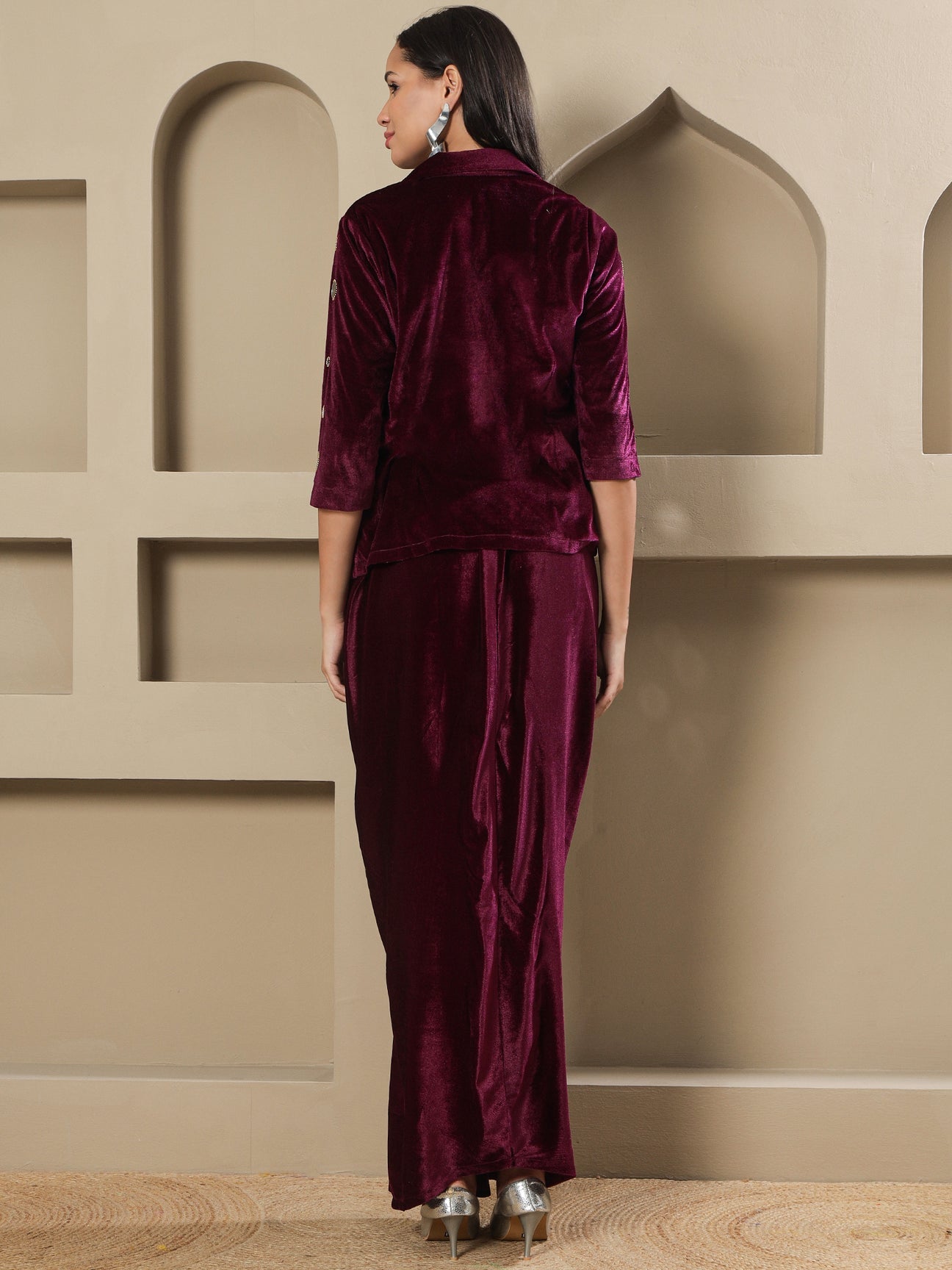Designer Partywear Wine Velvet 3-Piece Set with Mirror Work Jacket and Drape Skirt