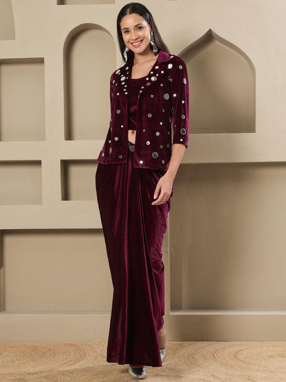 Designer Partywear Wine Velvet 3-Piece Set with Mirror Work Jacket and Drape Skirt