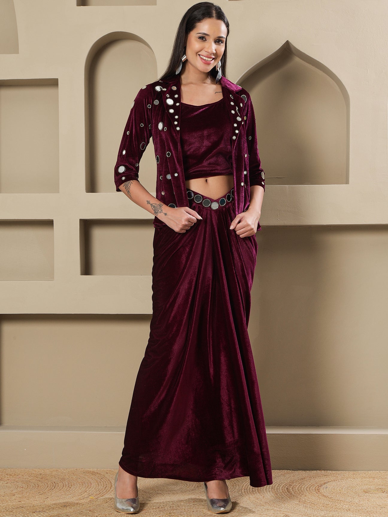 Designer Partywear Wine Velvet 3-Piece Set with Mirror Work Jacket and Drape Skirt