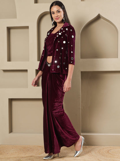 Designer Partywear Wine Velvet 3-Piece Set with Mirror Work Jacket and Drape Skirt