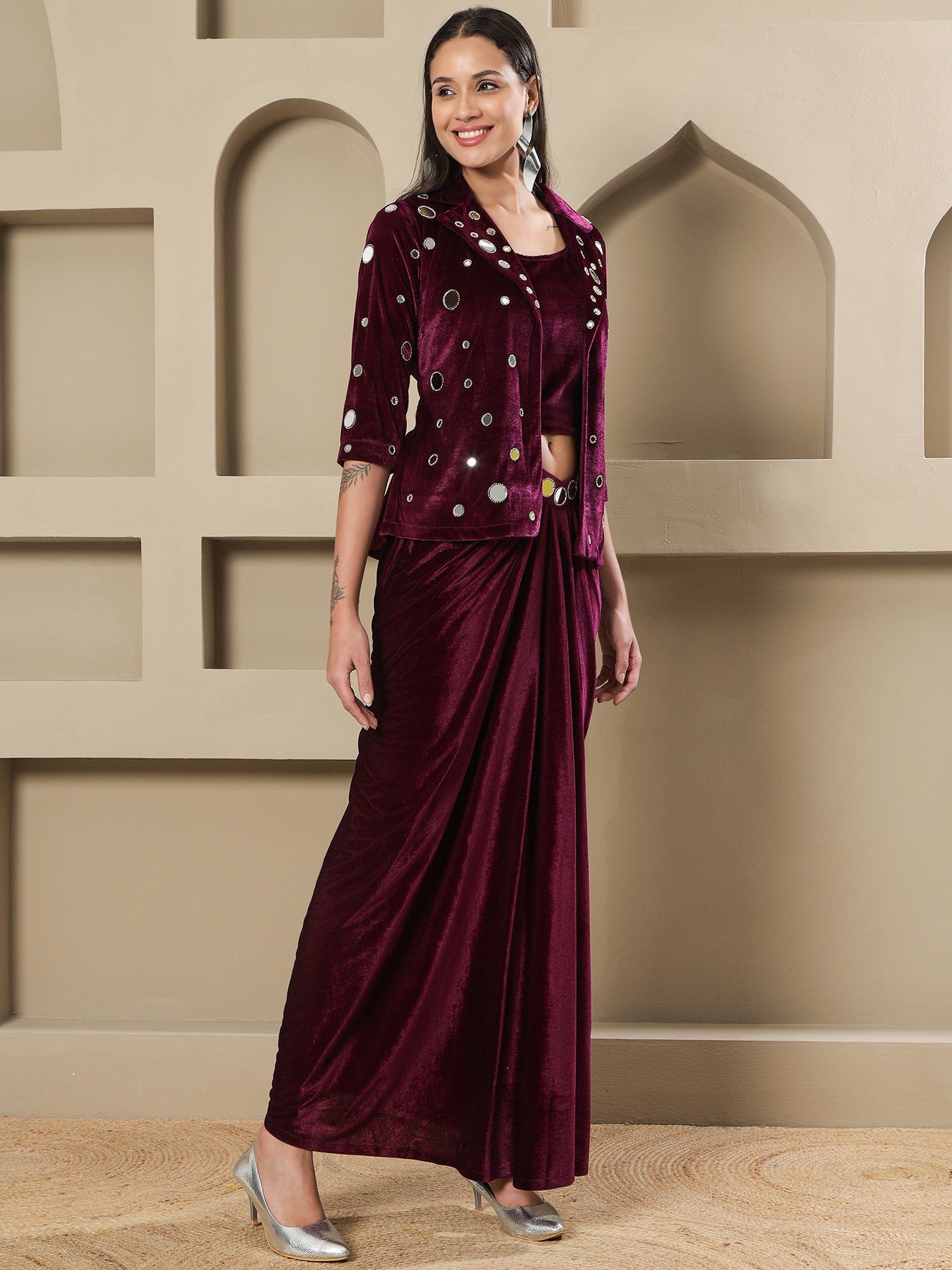 Designer Partywear Wine Velvet 3-Piece Set with Mirror Work Jacket and Drape Skirt