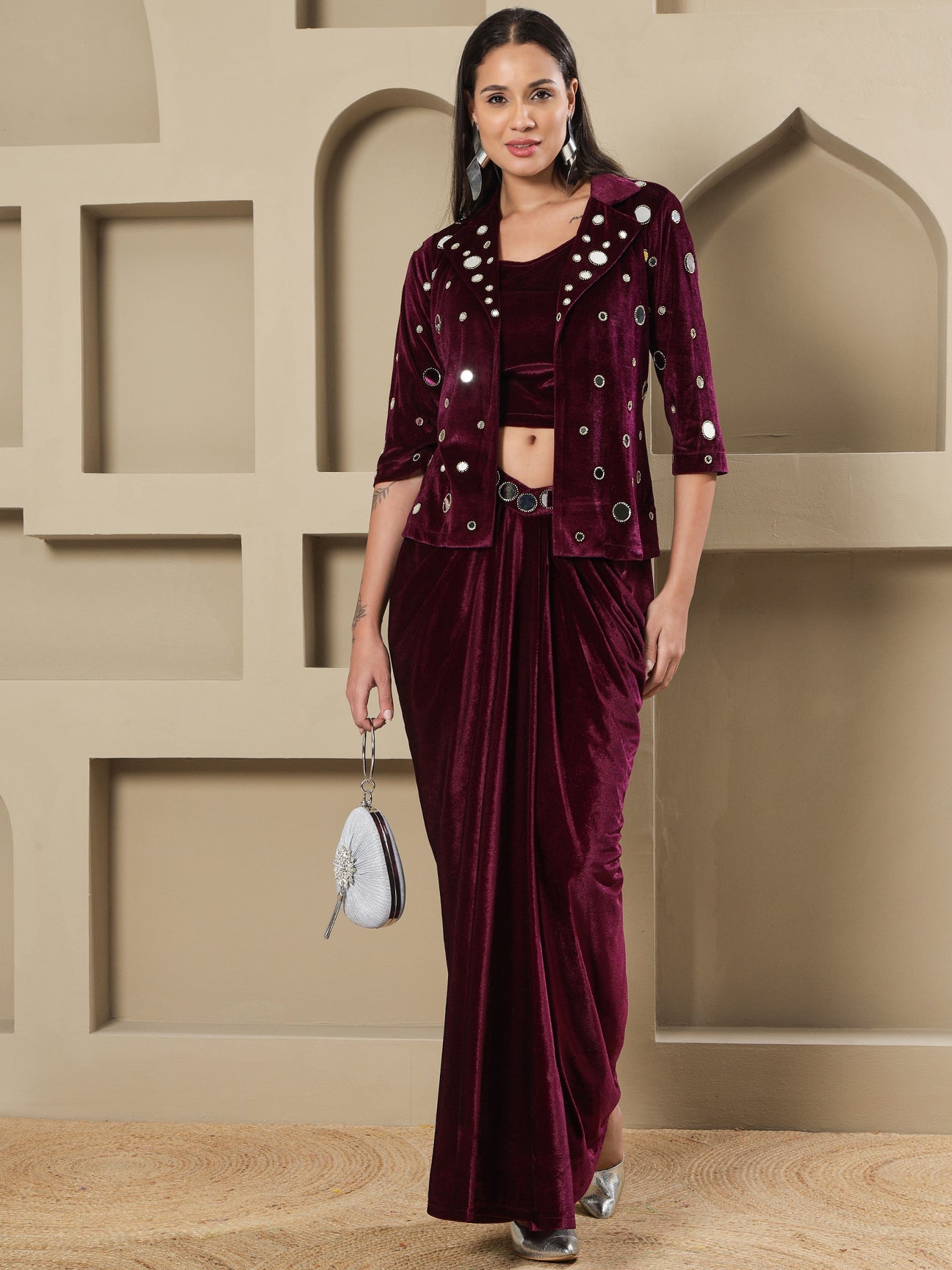 Designer Partywear Wine Velvet 3-Piece Set with Mirror Work Jacket and Drape Skirt