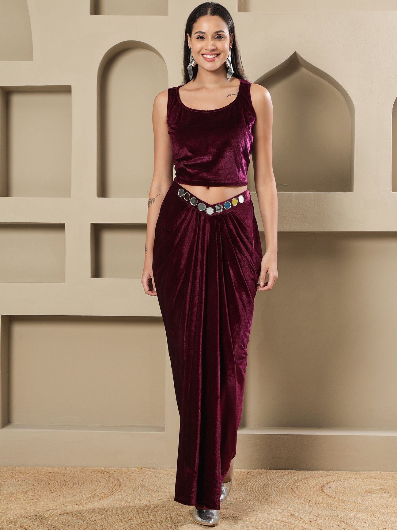 Designer Partywear Wine Velvet 3-Piece Set with Mirror Work Jacket and Drape Skirt