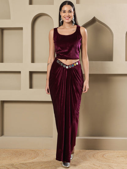 Designer Partywear Wine Velvet 3-Piece Set with Mirror Work Jacket and Drape Skirt