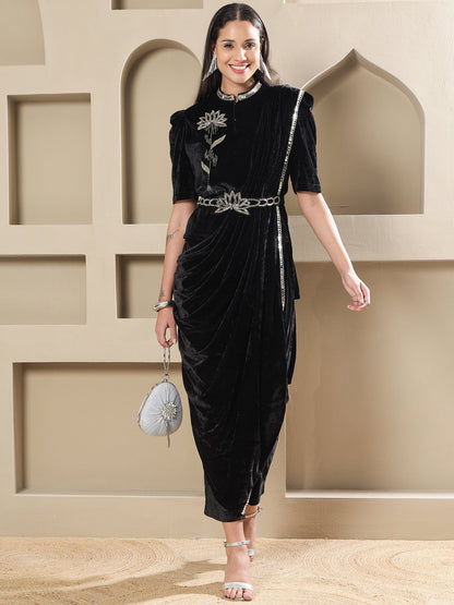Designer Partywear Black Velvet 3-Piece Lotus Embroidered Co-Ord Set with Draped Pant