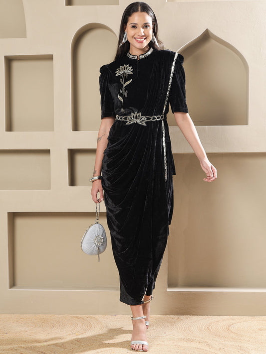 Designer Partywear Black Velvet 3-Piece Lotus Embroidered Co-Ord Set with Draped Pant
