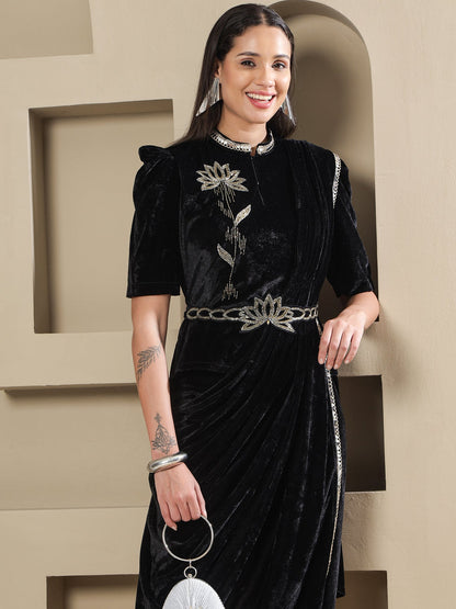 Designer Partywear Black Velvet 3-Piece Lotus Embroidered Co-Ord Set with Draped Pant