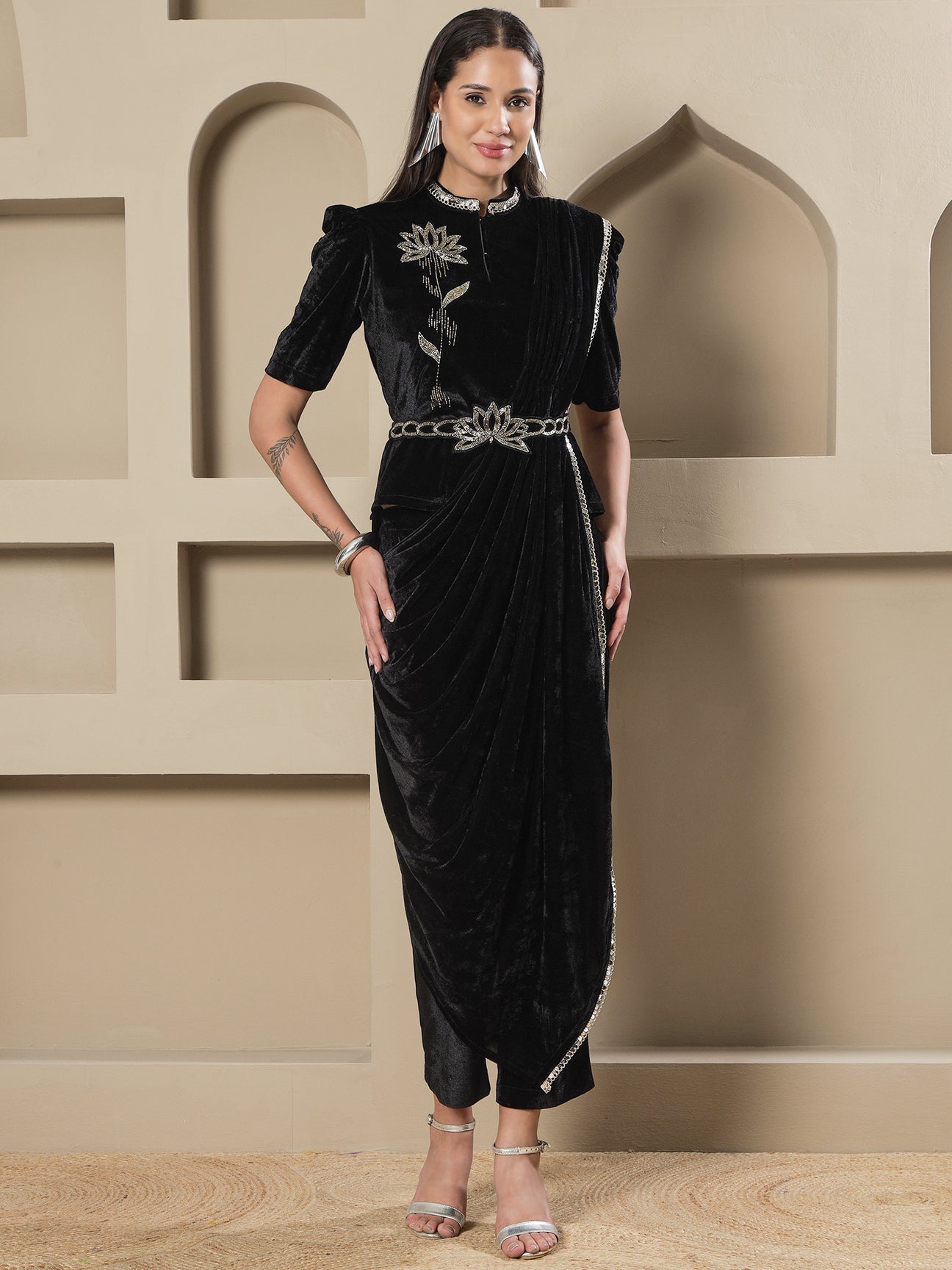 Designer Partywear Black Velvet 3-Piece Lotus Embroidered Co-Ord Set with Draped Pant