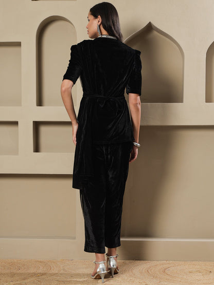 Designer Partywear Black Velvet 3-Piece Lotus Embroidered Co-Ord Set with Draped Pant
