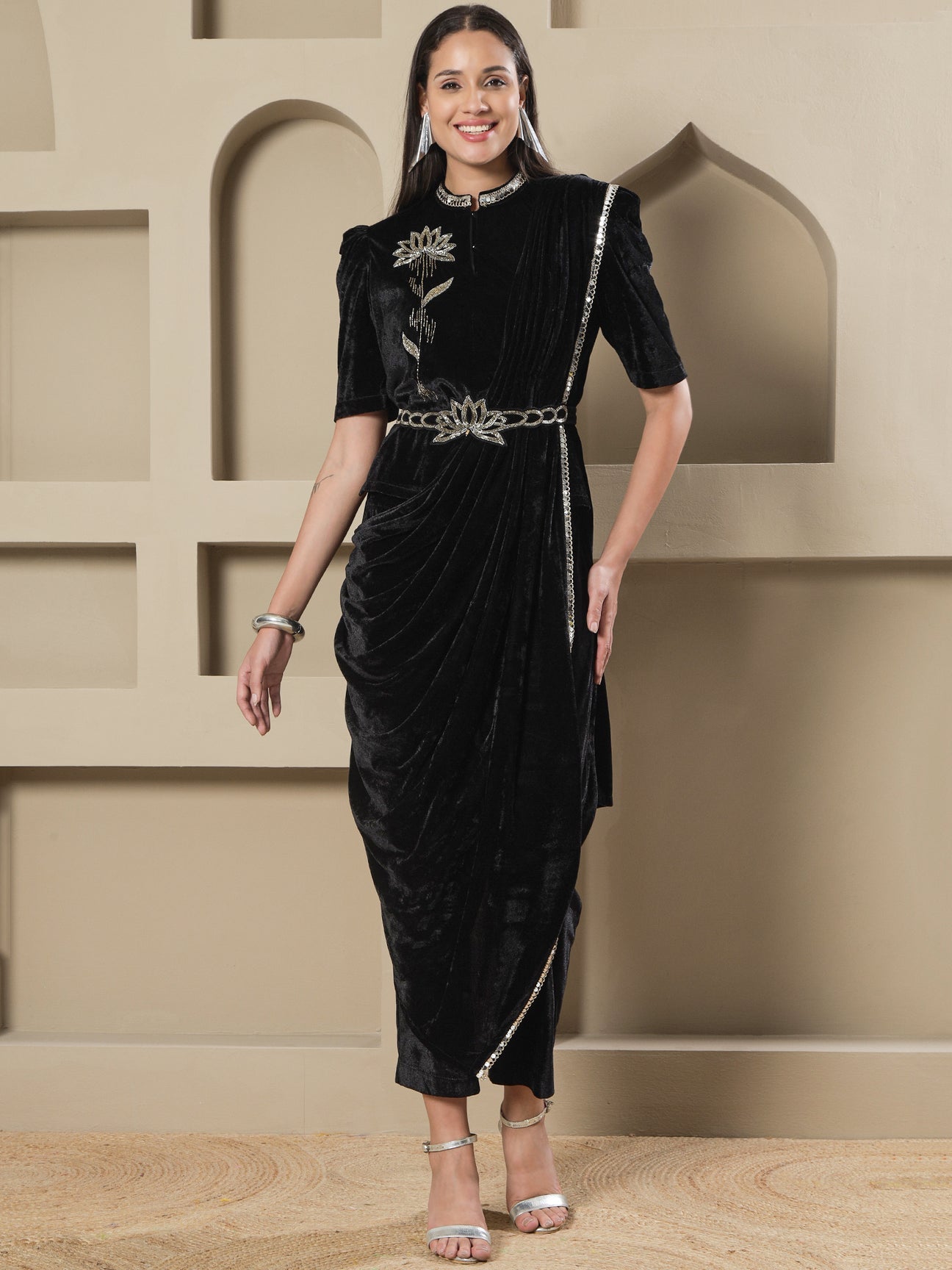 Designer Partywear Black Velvet 3-Piece Lotus Embroidered Co-Ord Set with Draped Pant