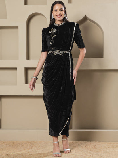 Designer Partywear Black Velvet 3-Piece Lotus Embroidered Co-Ord Set with Draped Pant