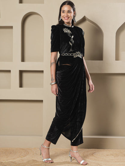 Designer Partywear Black Velvet 3-Piece Lotus Embroidered Co-Ord Set with Draped Pant